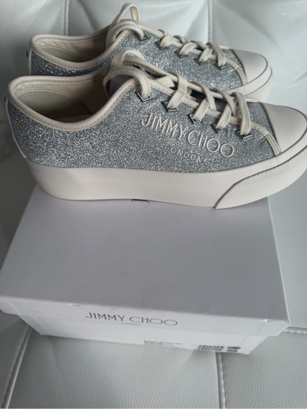 Jimmy Choo Silver Glitter Platform Sneakers with Cream Trim - Picture 5 of 7